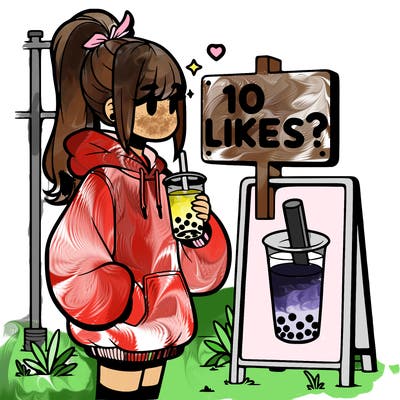 girl with oversized hoodie drinking boba and she has a high ponytail with a sign that says 10likes?
