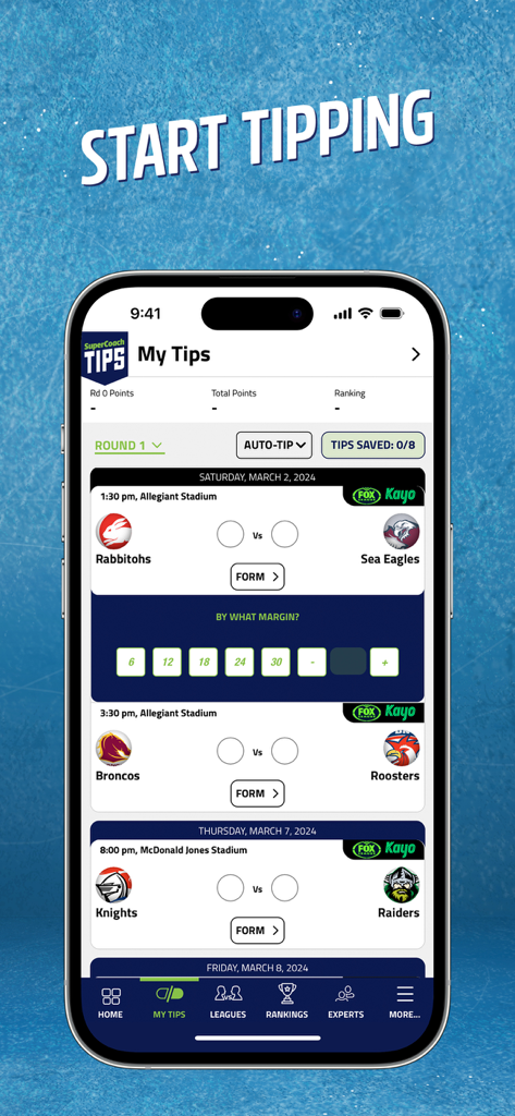 SuperCoach Tips - SuperCoach Tips app interface displaying NRL matches for tipping with team logos and match times