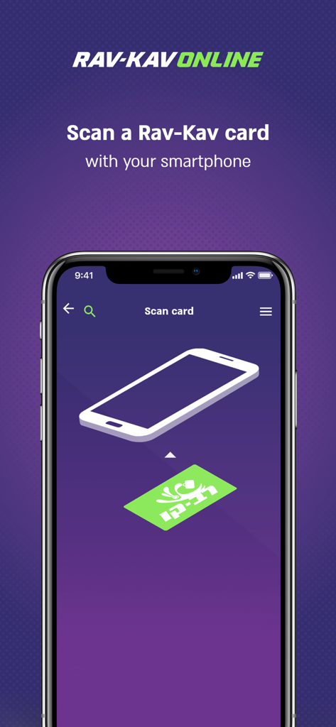 Rav-Kav Online רב-קו אונליין - Interfaz de la aplicación Rav-Kav Online mostrando un smartphone escaneando una tarjeta de transporte Rav-Kav verde.