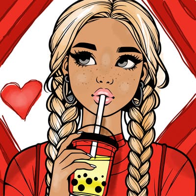 realistic girl with braided hair drinking boba