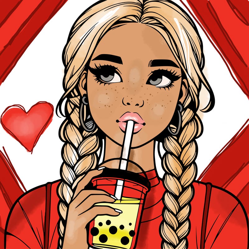 realistic girl with braided hair drinking boba