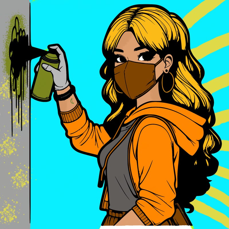 realistic girl with mask spray painting a wall