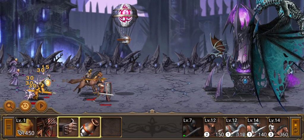 Kingdom Wars2 - Batalla de estrategia de desplazamiento lateral en Kingdom Wars2 con caballeros atacando una torre oscura y un dragón esquelético