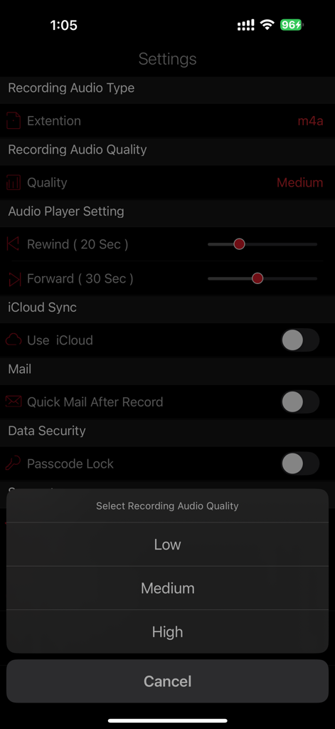 HD Recorder Pro : Voice Editor - Settings screen of HD Recorder Pro app showing audio quality options and security features