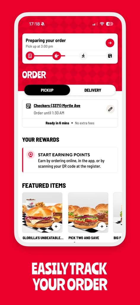 Checkers & Rally's - Checkers and Rallys app order tracking screen showing order progress bar rewards section and featured food items