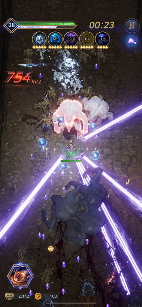 VALHALLA SURVIVAL - A hero character performs a powerful skill attack with purple energy beams against giant monsters in a dark dungeon.