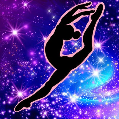 gymnast doing a leap in a leotard with a bent back leg