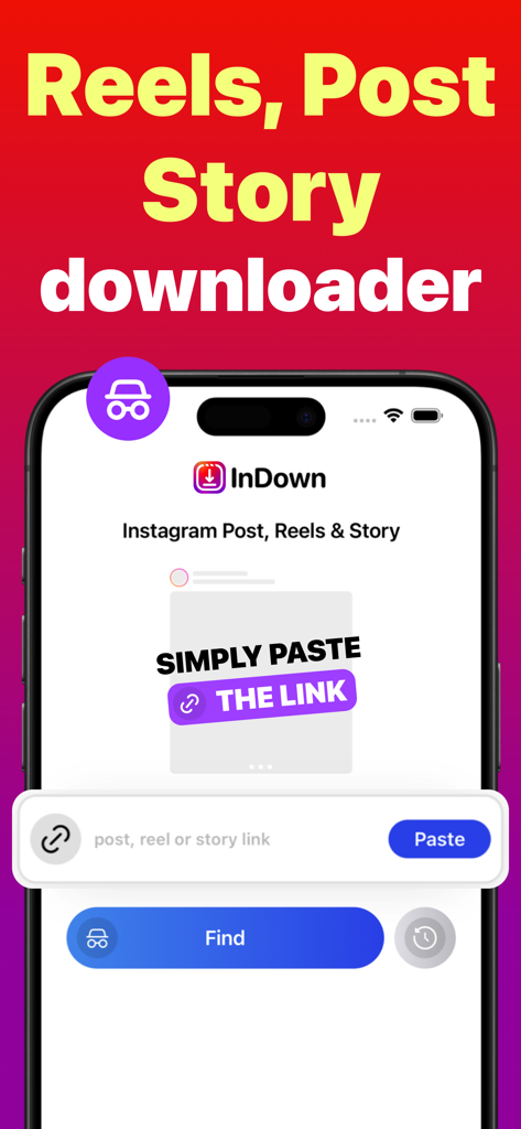 InDown・Reels Video Story Saver - InDown app screen showing reels and story download feature via link paste