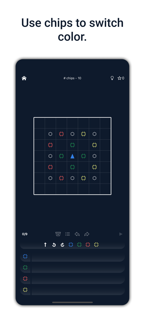 Gameplay screen of Recursive showing a robot on a grid with colored programming chips and commands