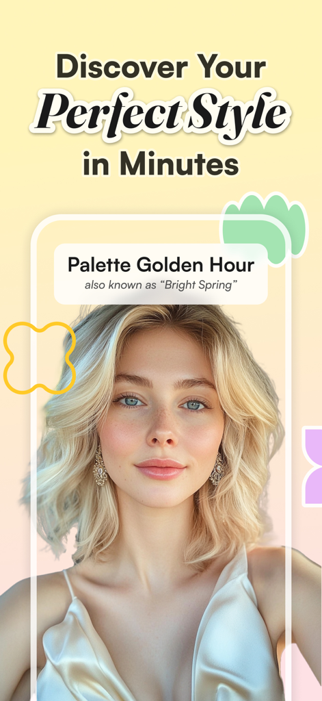 Color Analysis: WhatColors - Personal color analysis result for a blonde woman showing the Bright Spring palette