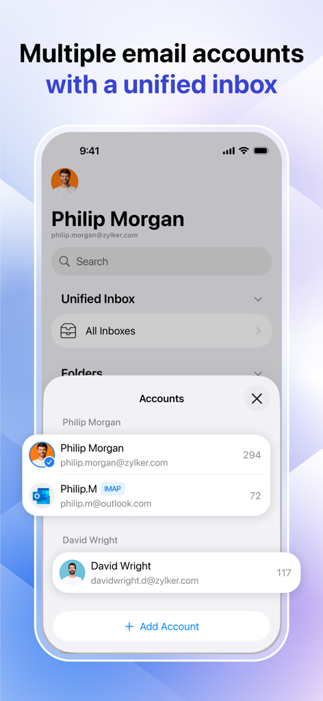 Zoho Mail - Email and Calendar - Zoho Mail app interface showing a unified inbox for managing multiple email accounts on a mobile device.