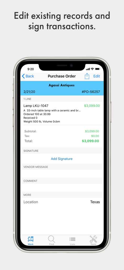 SOS Inventoryモバイルアプリの購買注文画面。署名を追加するオプションがあります。