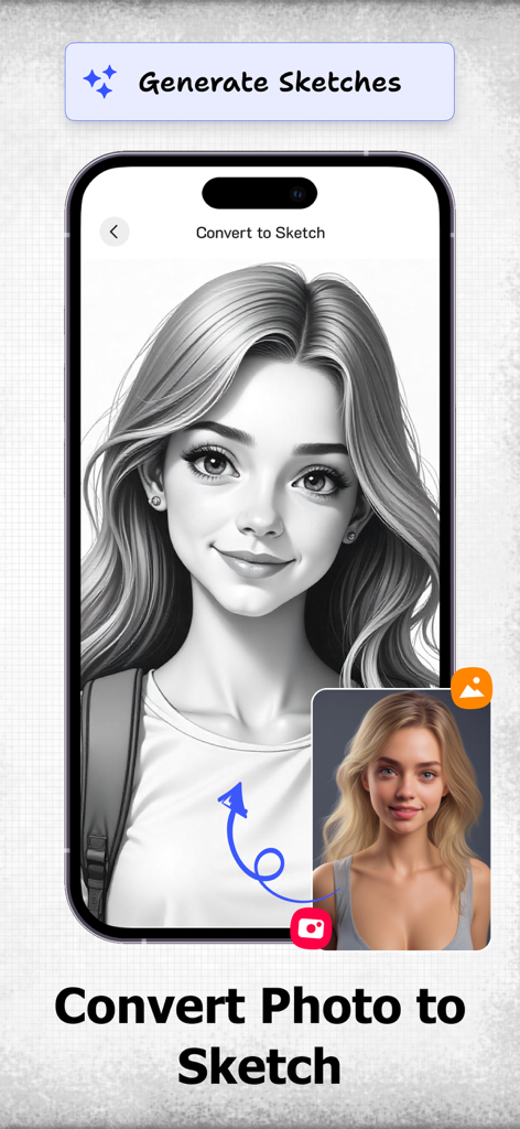 Photo Sketch Maker: Drawing - A smartphone screen showing a portrait photo of a woman being converted into a detailed black and white pencil sketch.