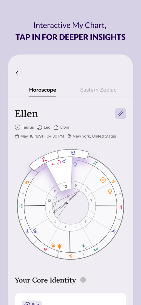 FORCETELLER - Astra Horoscope - Forcetellerアプリで星座記号付きのインタラクティブな占星術出生図を表示するインターフェース