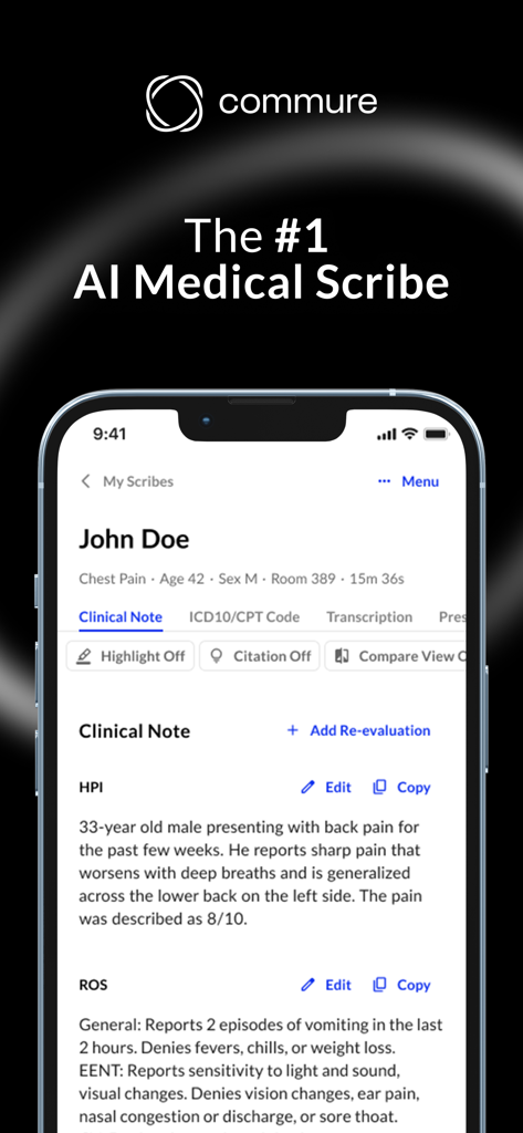 Commure Ambient - ScribeMobile - Commure Ambient app interface showing an AI generated medical clinical note for a patient on an iPhone screen.