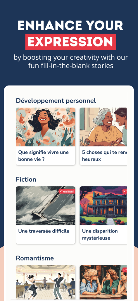 Interfaz de una aplicación de aprendizaje de francés que muestra varias categorías de historias como Ficción y Desarrollo Personal para practicar escritura creativa.