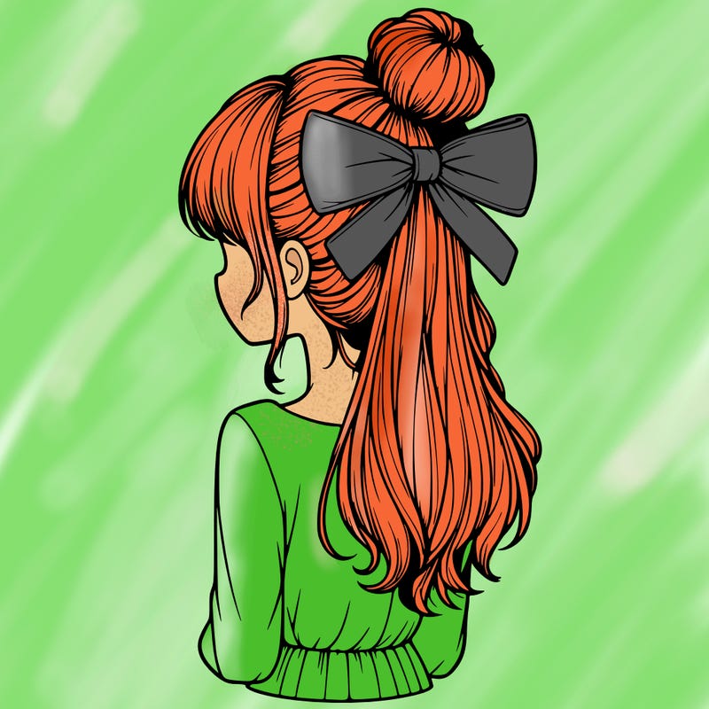 realistic girl  with hip length hair a bun and a big bow on the back of head