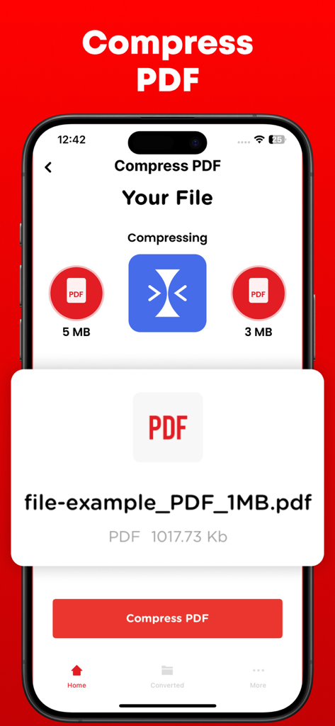 Ein Smartphone-Bildschirm, der eine PDF-Komprimierungsfunktion anzeigt und eine Datei von 5 MB auf 3 MB reduziert.