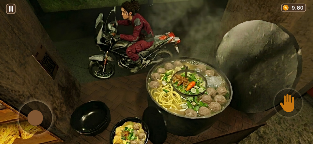 Baksu Noodles Horror Anomalies - Gameplay screenshot showing a customer on a motorcycle at a bakso noodle stall in a dark horror setting.