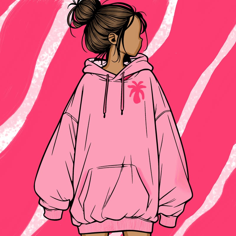 realistic girl with a oversized sweatshirt on and a bun