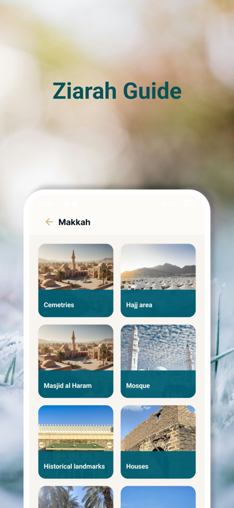 Ziarah Guide screen for Makkah showing categories like Masjid al Haram, Hajj area, and historical landmarks.