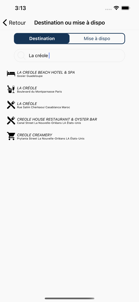 En woute - L'interface de recherche de l'application En woute affichant une liste de résultats de destinations pour La Créole, y compris des hôtels et des restaurants en Guadeloupe et à la Nouvelle-Orléans.