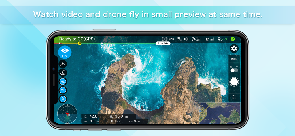 Rainbow for DJI Drones app interface showing live aerial footage and a map preview simultaneously on a smartphone