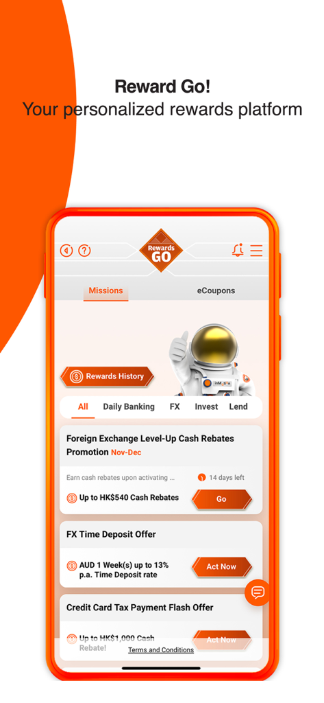 inMotion by CNCBI 앱 내에서 은행 상품 및 현금 리베이트를 보여주는 Reward Go 개인화 보상 플랫폼 화면