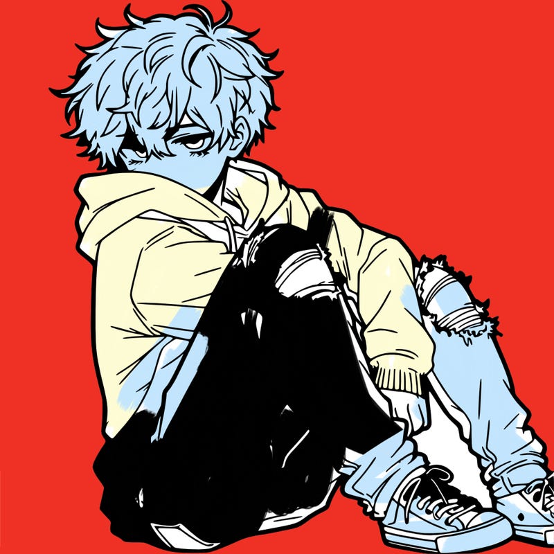a male hoddie ripped jeans messy hair anime