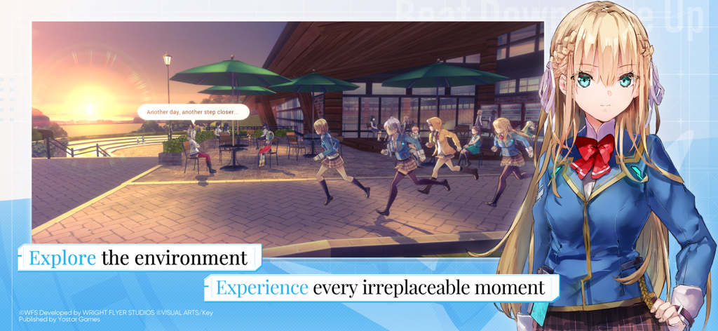 Uma garota de anime ao lado de uma cena de café ao ar livre ao pôr do sol em Heaven Burns Red.