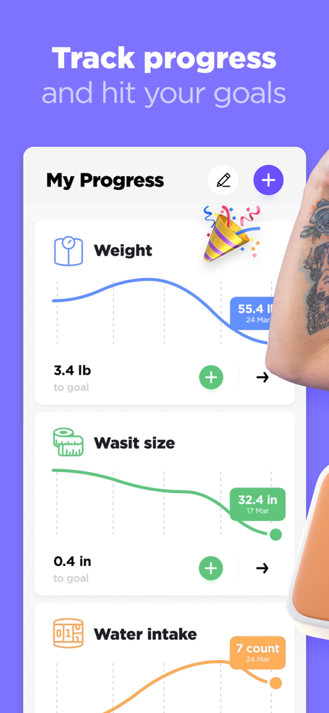 Pantalla de seguimiento de progreso en la aplicación Workout Builder que muestra gráficos de peso, tamaño de cintura y consumo de agua