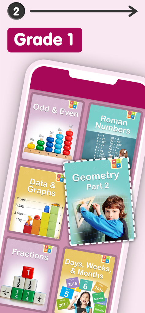 Smart Kidz Club app showing Grade 1 math curriculum modules including geometry and fractions