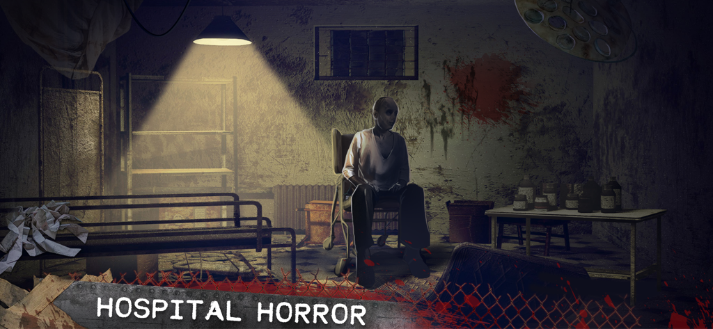 A creepy man sitting in a dark abandoned hospital room with blood splattered on the wall