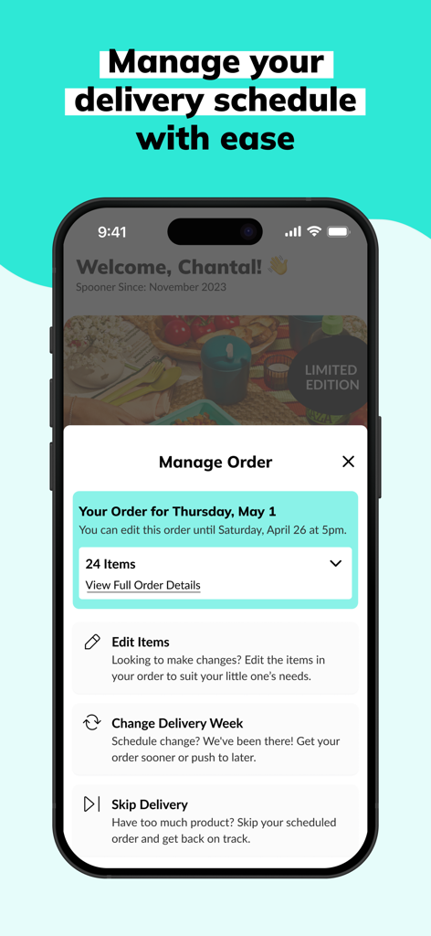 Little Spoon app interface showing options to edit items change delivery week or skip a delivery for a scheduled meal order.