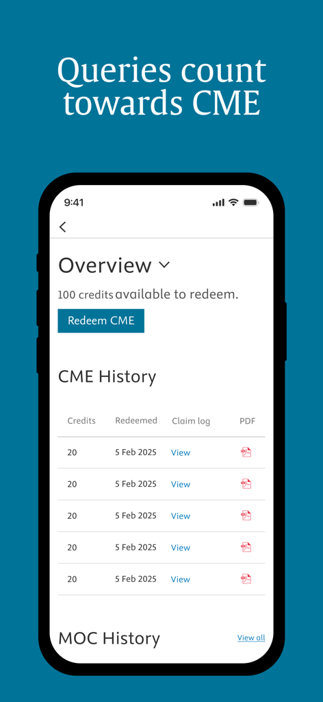 A mobile app interface for ClinicalKey AI showing CME credit overview and history.