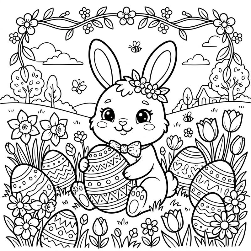 Get ready for a delightful Easter with this charming coloring page featuring a sweet baby Easter bunny. Surrounded by beautifully decorated eggs and blooming spring flowers, this scene captures the joyous spirit of the season.
