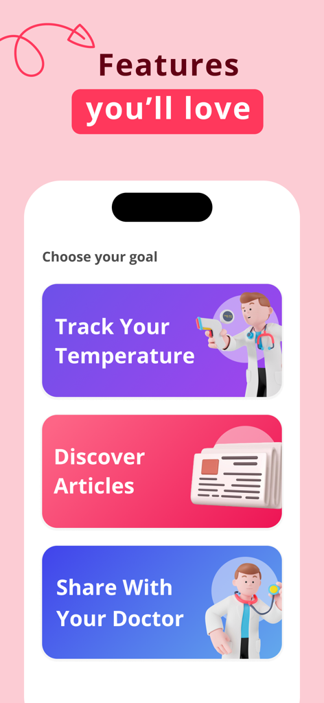 Una pantalla de aplicación móvil que muestra opciones para rastrear la temperatura, descubrir artículos y compartir datos con un médico.