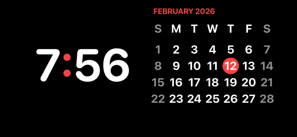No Nonsense Calendar Clock - Minimalist digital clock and February 2026 calendar on a dark background in landscape mode.