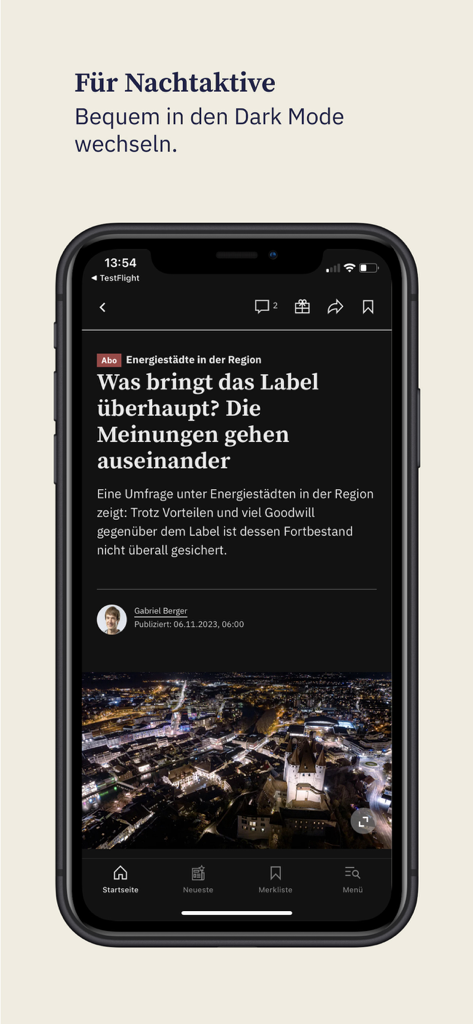 BZ Thuner Tagblatt - A smartphone screen showing the BZ Thuner Tagblatt news app in dark mode featuring a local news article