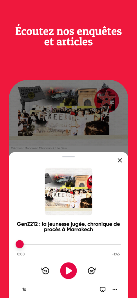 Le Desk - Audio-Player-Oberfläche zum Anhören von investigativen Nachrichtenartikeln in der Le Desk App