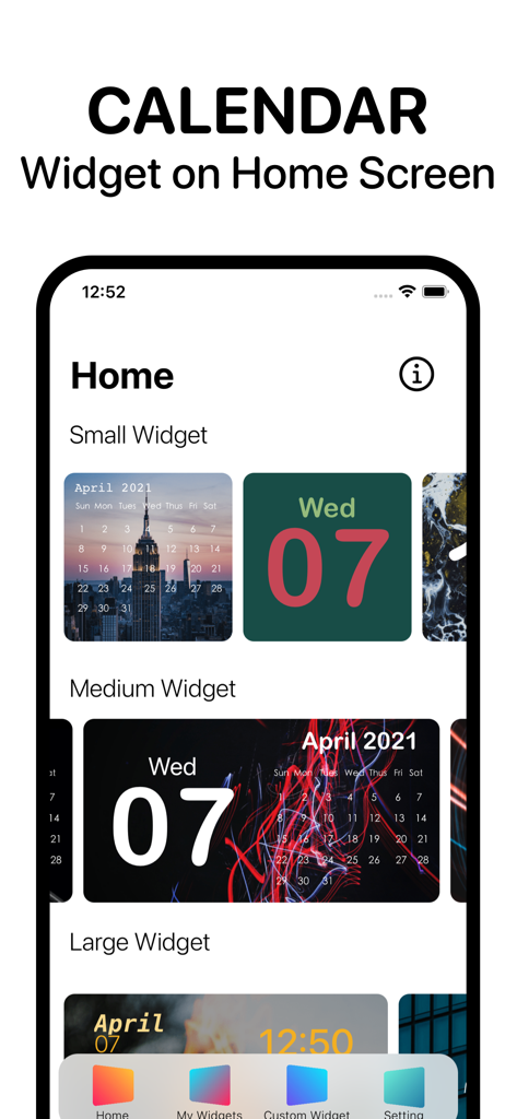 Calendar Widget - Date Widgets - A collection of small medium and large aesthetic calendar widgets displayed on an iPhone interface.