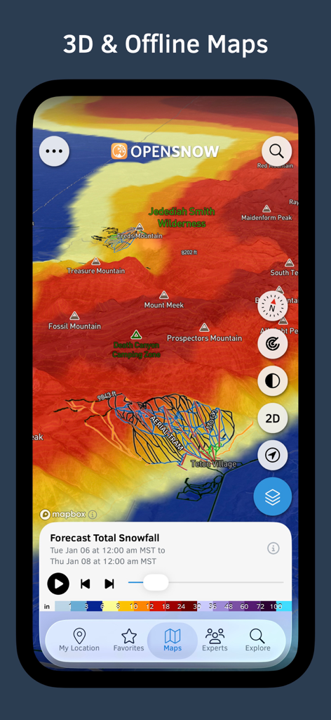 Interfaz de la aplicación OpenSnow con un mapa 3D topográfico de pronóstico de nevadas de terreno montañoso