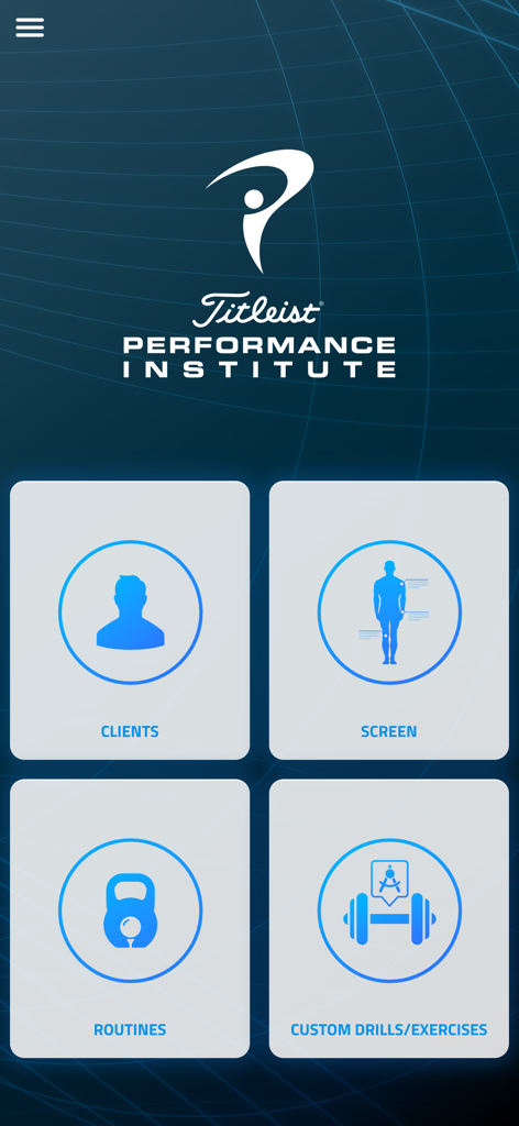 Main dashboard of the TPI Pro app featuring navigation buttons for Clients, Screen, Routines, and Custom Drills.