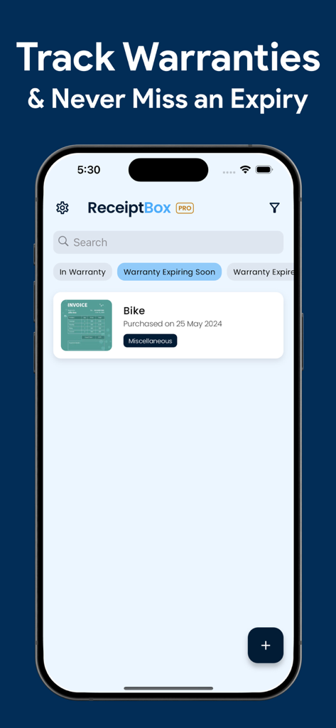 Receipt Organizer : ReceiptBox - ReceiptBox mobile app interface displaying warranty tracking and expiry notifications for purchases.