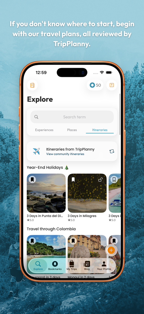 TripPlanny: Plan your trip - Pantalla de exploración de la aplicación móvil TripPlanny que muestra itinerarios de viaje seleccionados para destinos de vacaciones y viajes regionales.