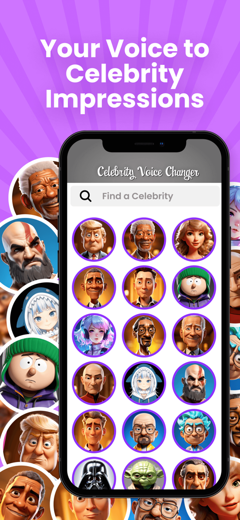 Celebrity Voice Changer mobile app interface showing various celebrity icons for voice parodies