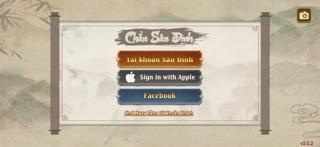 Chắn Sân Đình 5G - Login screen for Chan San Dinh 5G mobile game featuring a traditional Vietnamese scroll background and social sign in buttons.