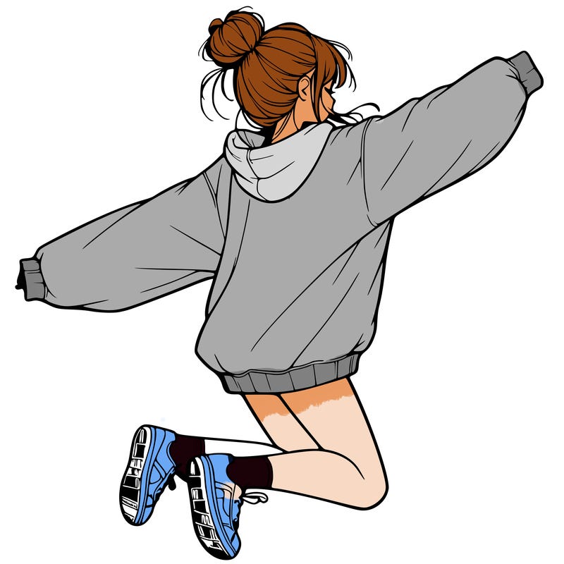 realistic girl jumping with a bun and oversized sweatshirt