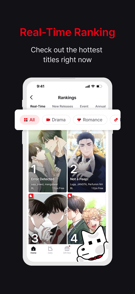 Lezhin Comics real time ranking screen displaying top webtoon titles