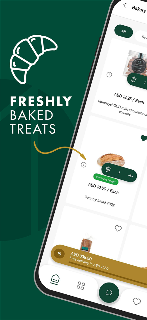 A mobile interface of the Spinneys app displaying fresh bakery products including cookies and country bread